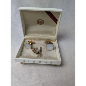 Hickok Gold‎ Tone Tuxedo Cufflinks and Stud Set Mother of Pearl In Original Box